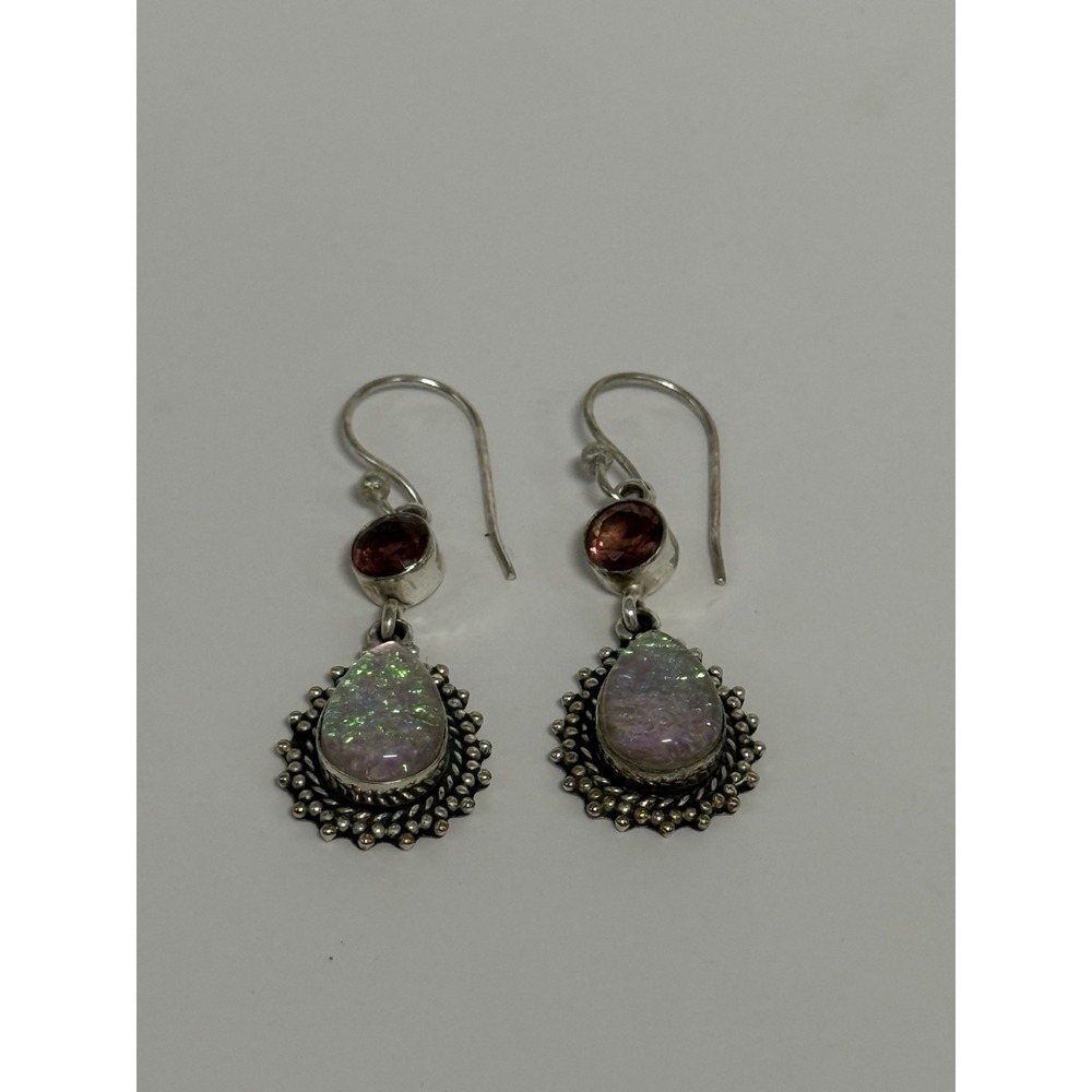 Sterling Silver 925 White Fire Opal & Garnet Teardrop Dangle Earrings Rope Bezel
